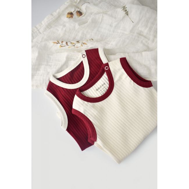 Set 2 body-uri fara maneci Ribana Bebe Unisex din bumbac organic si 5%elastan - Ecru/Bordo (Marime: 18-24 Luni) JEMBC-CSYR4101-18