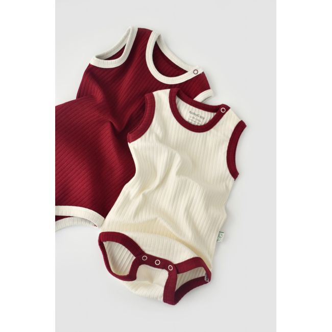 Set 2 body-uri fara maneci Ribana Bebe Unisex din bumbac organic si 5%elastan - Ecru/Bordo (Marime: 3-6 Luni) JEMBC-CSYR4101-3