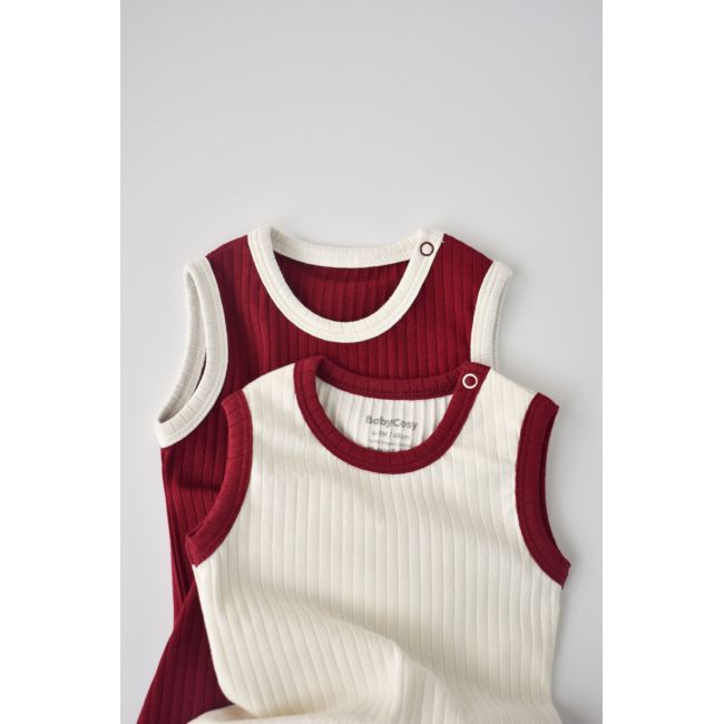 Set 2 body-uri fara maneci Ribana Bebe Unisex din bumbac organic si 5%elastan - Ecru/Bordo (Marime: 3-6 Luni) JEMBC-CSYR4101-3