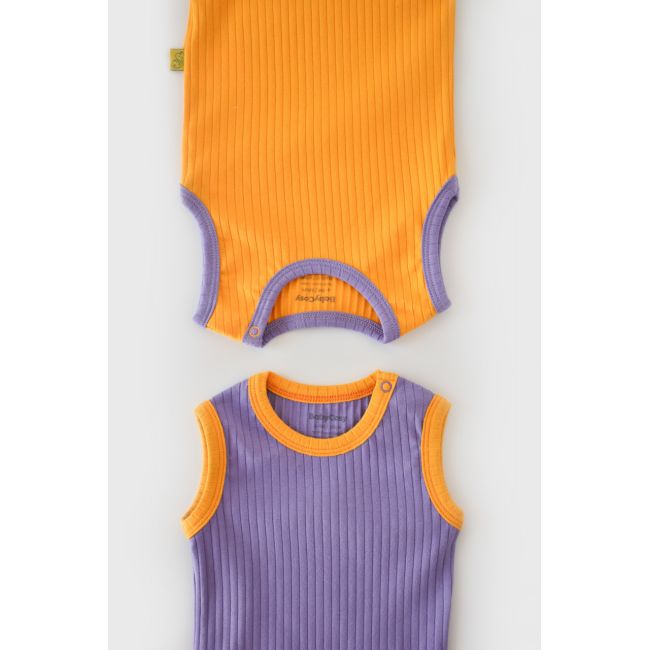 Set 2 body-uri fara maneci Ribana Bebe Unisex din bumbac organic si 5%elastan - Galben/Mov (Marime: 12-18 Luni) JEMBC-CSYR4102-12