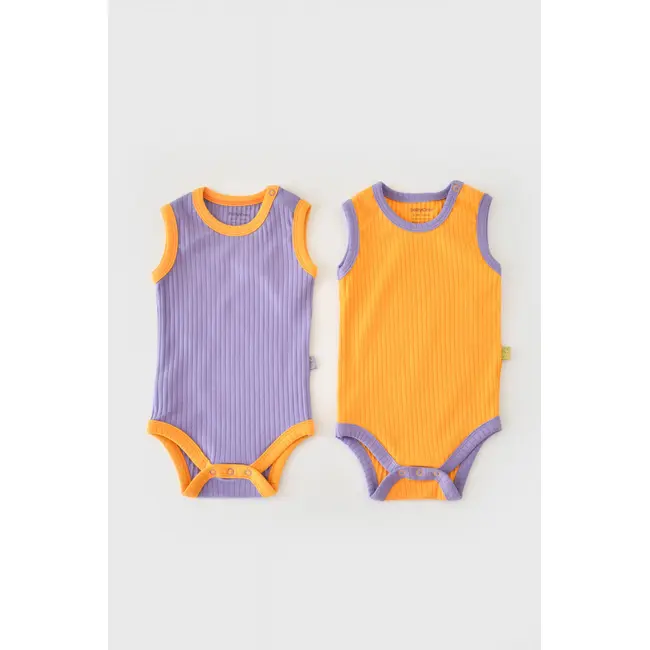 Set 2 body-uri fara maneci Ribana Bebe Unisex din bumbac organic si 5%elastan - Galben/Mov (Marime: 9-12 luni) JEMBC-CSYR4102-9