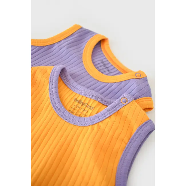 Set 2 body-uri fara maneci Ribana Bebe Unisex din bumbac organic si 5%elastan - Galben/Mov (Marime: 9-12 luni) JEMBC-CSYR4102-9