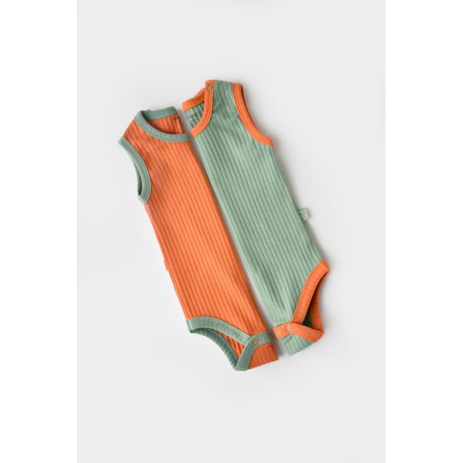 Set 2 body-uri fara maneci Ribana Bebe Unisex din bumbac organic si 5%elastan - Portocaliu/Verde (Marime: 12-18 Luni) JEMBC-CSYR4100-12