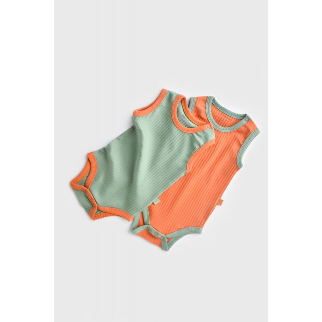 Set 2 body-uri fara maneci Ribana Bebe Unisex din bumbac organic si 5%elastan - Portocaliu/Verde (Marime: 3-6 Luni) JEMBC-CSYR4100-3
