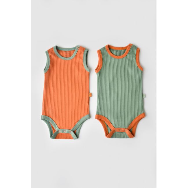 Set 2 body-uri fara maneci Ribana Bebe Unisex din bumbac organic si 5%elastan - Portocaliu/Verde (Marime: 6-9 luni) JEMBC-CSYR4100-6