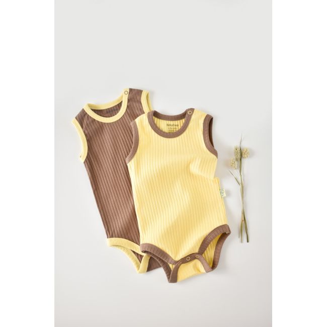 Set 2 body-uri fara maneci Ribana Bebe Unisex din bumbac organic si 5%elastan - Vanilie/Maro (Marime: 18-24 Luni) JEMBC-CSYR4103-18