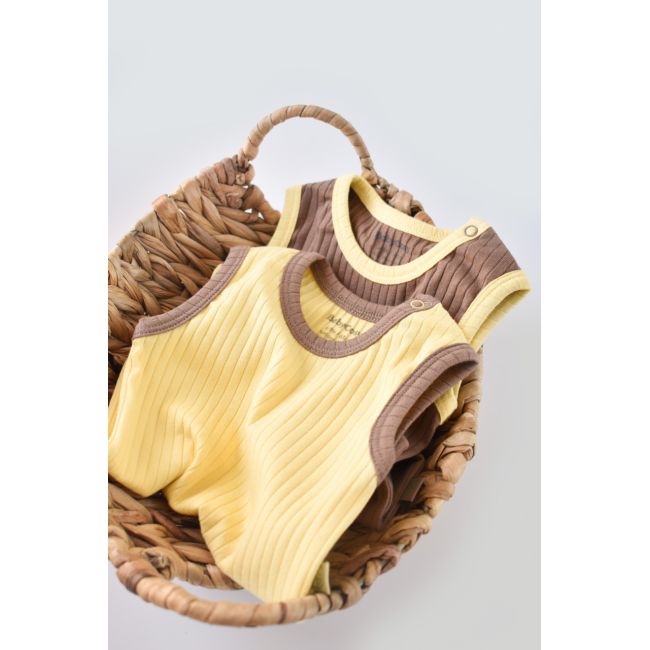 Set 2 body-uri fara maneci Ribana Bebe Unisex din bumbac organic si 5%elastan - Vanilie/Maro (Marime: 18-24 Luni) JEMBC-CSYR4103-18