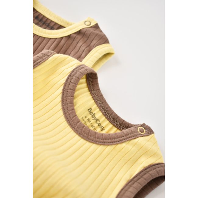 Set 2 body-uri fara maneci Ribana Bebe Unisex din bumbac organic si 5%elastan - Vanilie/Maro (Marime: 6-9 luni) JEMBC-CSYR4103-6