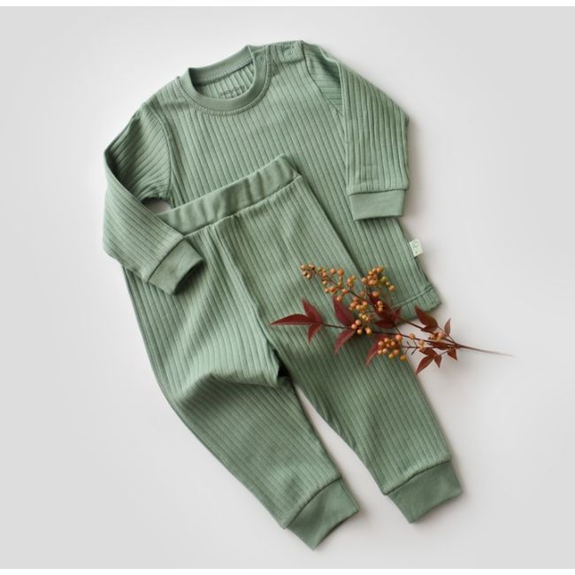 Set bluzita cu maneca lunga si panataloni lungi din bumbac organic si 5% elastan - Verde (Marime: 12-18 Luni) JEMBC-CSYR4506-12
