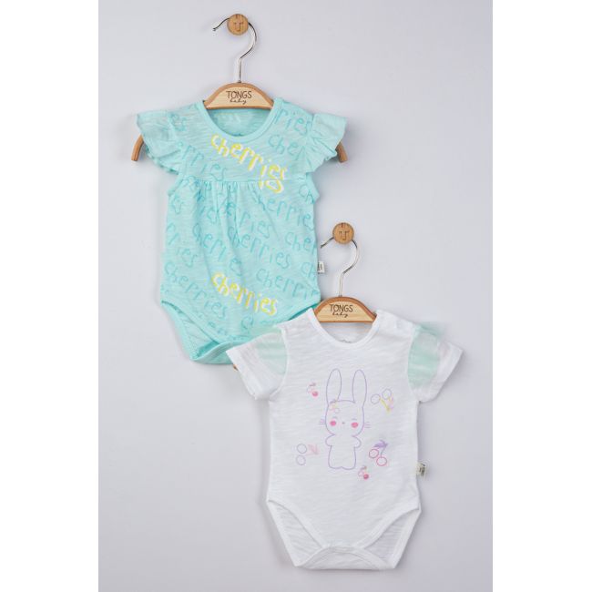 Set de 2 body-uri cu volanase turcoaz pentru nou nascuti, Tongs baby (Marime: 3-6 Luni) JEMtgs_4204_5