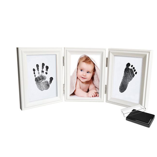 Kit rama foto tripla mobila cu cerneala pentru manuta si piciorus (Culoare rama: Alb, Culoare ink: Albastru) JEMdrl-r33