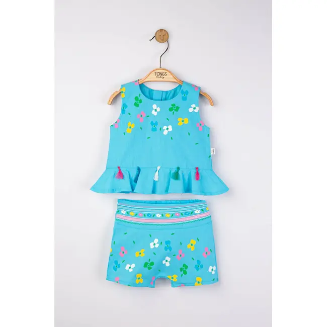 Set elegant bluzita de vara cu pantalonasi pentru fetite Ciucurasi, Tongs baby (Culoare: Albastru, Marime: 9-12 luni) JEMtgs_4271_4