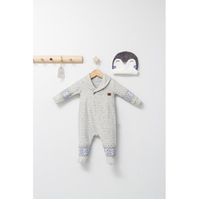 Salopeta pentru bebelusi cu botosei si caciulita Penguins, Tongs baby (Culoare: Bej, Marime: 6-9 luni) JEMtgs_4500-7
