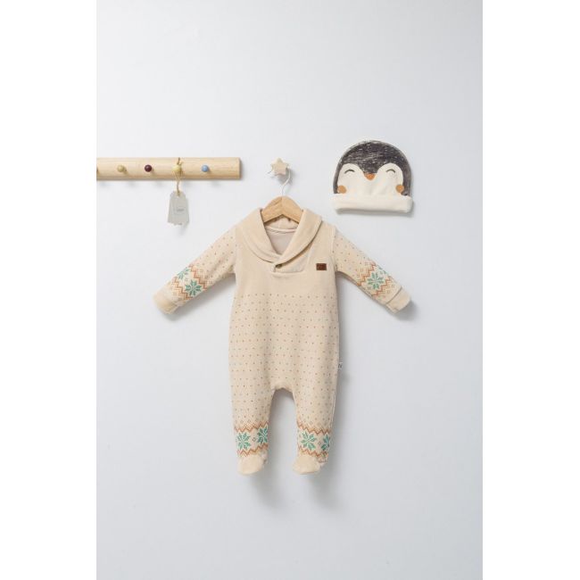 Salopeta pentru bebelusi cu botosei si caciulita Penguins, Tongs baby (Culoare: Bej, Marime: 6-9 luni) JEMtgs_4500-7