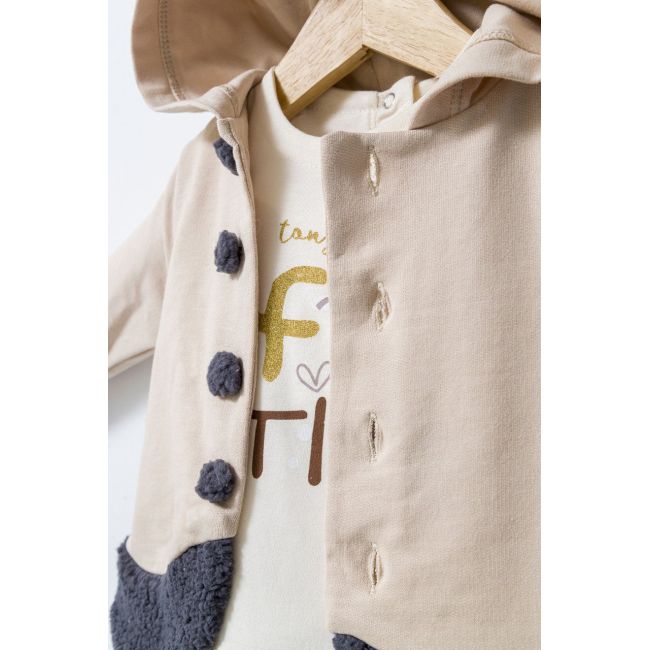 Set 3 piese: pantaloni, bluzita si hainuta cu gluga eleganta pentru bebelusi Fun Penguin, Tongs baby (Marime: 12-18 Luni, Culoare: Crem) JEMtgs_4566-1