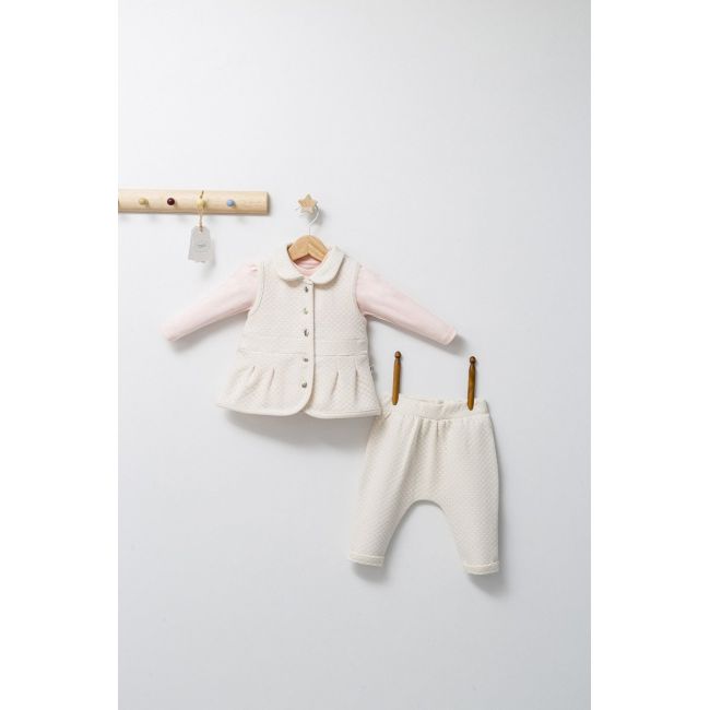 Set 3 piese: pantaloni, bluzita si vestuta eleganta pentru bebelusi Paris Love, Tongs baby (Culoare: Ecru, Marime: 9-12 luni) JEMtgs_4465-4
