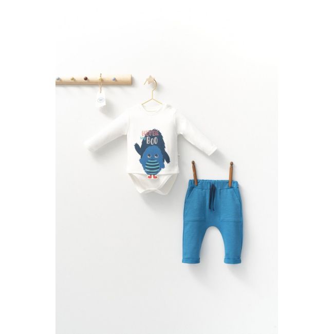Set cu pantalonasi cu buzunare si body cu maneca lunga pentru bebelusi Monster, Tongs baby (Culoare: Albastru, Marime: 18-24 Luni) JEMtgs_4402-3