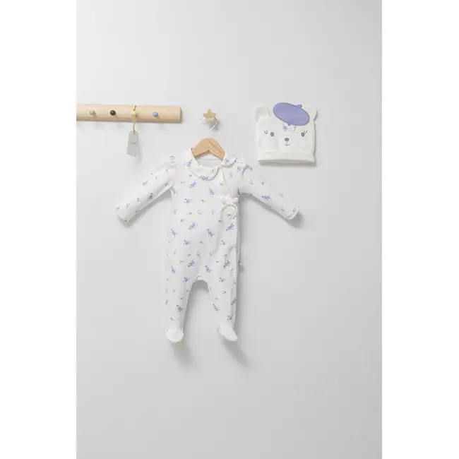 Set salopeta cu caciulita cu urechiuse pentru bebelusi Paris Love, Tongs baby (Culoare: Ecru, Marime: 6-9 luni) JEMtgs_4460-6