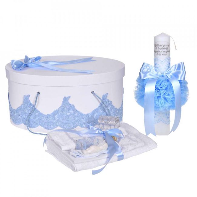 Set lumanare cu mesaj si trusou botez Baietel cu cutie trusou, dantela lata Bleu Denikos® C1124 NKO5802