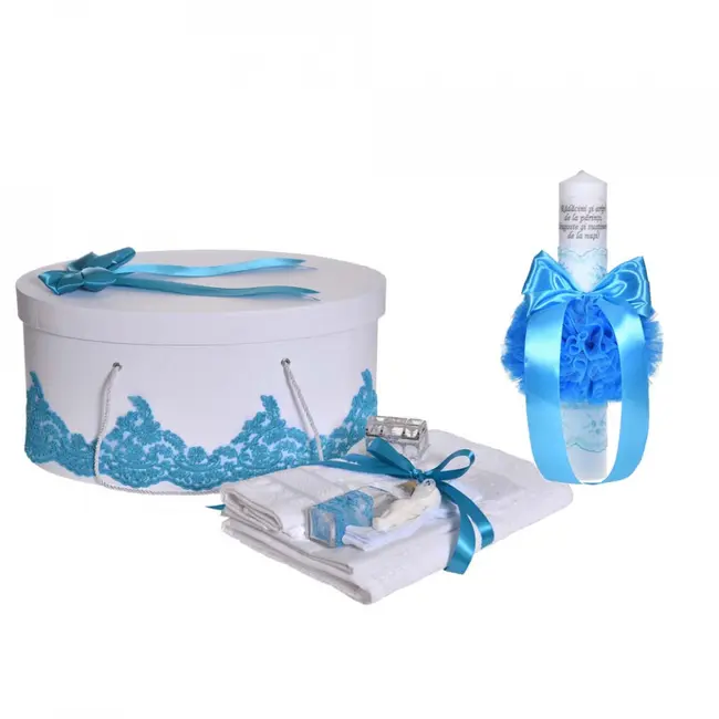 Pachet trusou botez si lumanare cu mesaj Baieti si cutie trusou dantela lata Turcoaz Denikos&reg; C1130 NKO5808