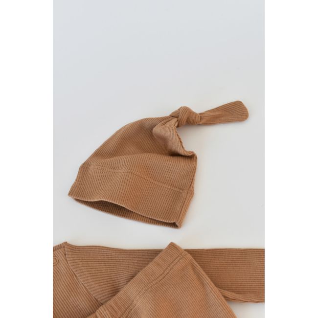 Set 3 piese: bluzita cu maneca lunga, panataloni lungi si caciulita din bumbac organic si modal - Maro, Baby Cosy (Marime: 12-18 Luni) JEMBC-CSYM21506-12