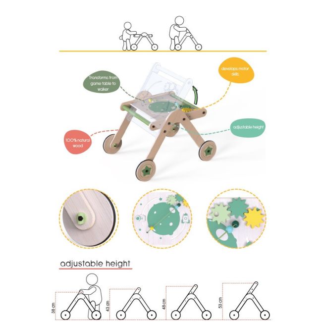 Antepremergator din lemn cu masuta de activitati 2 in 1 MamaToyz JEMMtyz_walkme