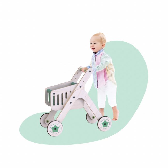 Cos de cumparaturi si antepremergator din lemn 2 in 1 MamaToyz JEMMtyz_shopper