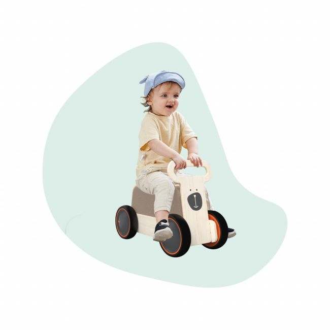 Jucarie din lemn 3 in 1 Ursulet DriveMe Soft: masinuta ride-on, premergator si carucior de jucarii MamaToyz JEMMtyz_rideonsoft1