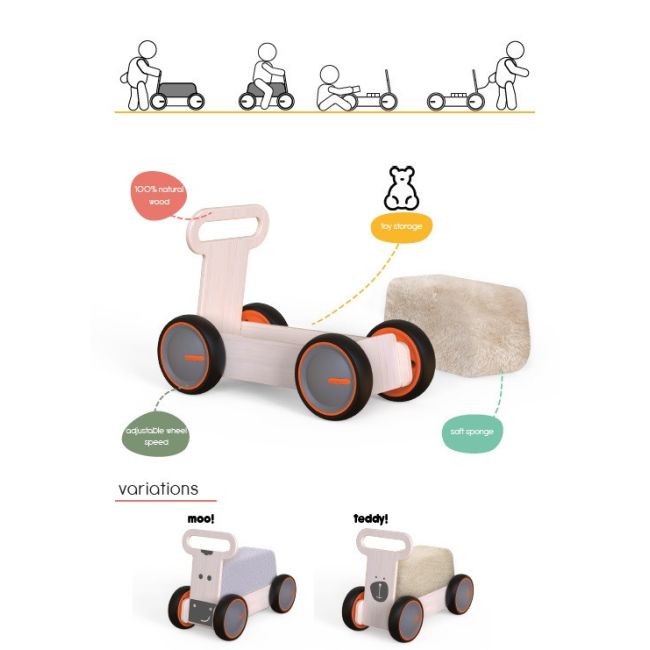 Jucarie din lemn 3 in 1 Ursulet DriveMe Soft: masinuta ride-on, premergator si carucior de jucarii MamaToyz JEMMtyz_rideonsoft1