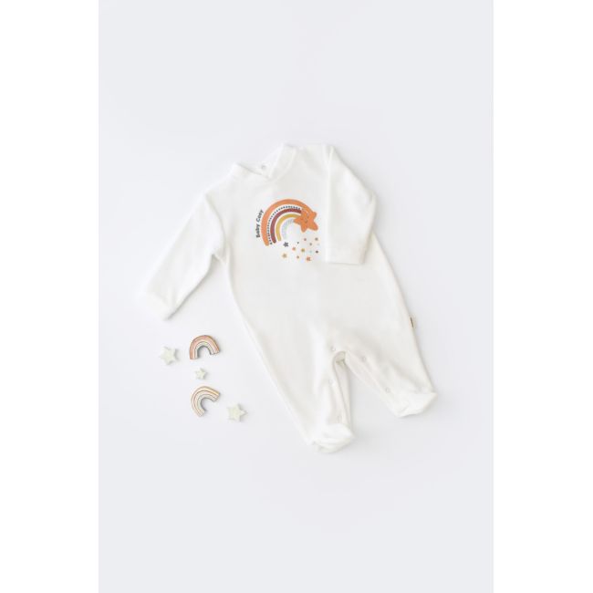 Salopeta Curcubeu cu maneca lunga si botosei din 80%bumbac organic si 20% poliester - Ecru, Baby Cosy (Marime: 6-9 luni) JEMBC-CSYK6000-6