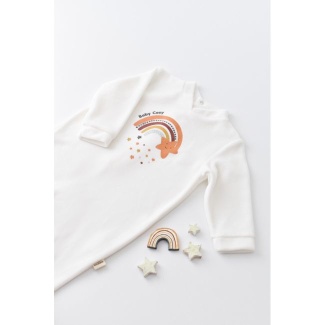 Salopeta Curcubeu cu maneca lunga si botosei din 80%bumbac organic si 20% poliester - Ecru, Baby Cosy (Marime: 6-9 luni) JEMBC-CSYK6000-6