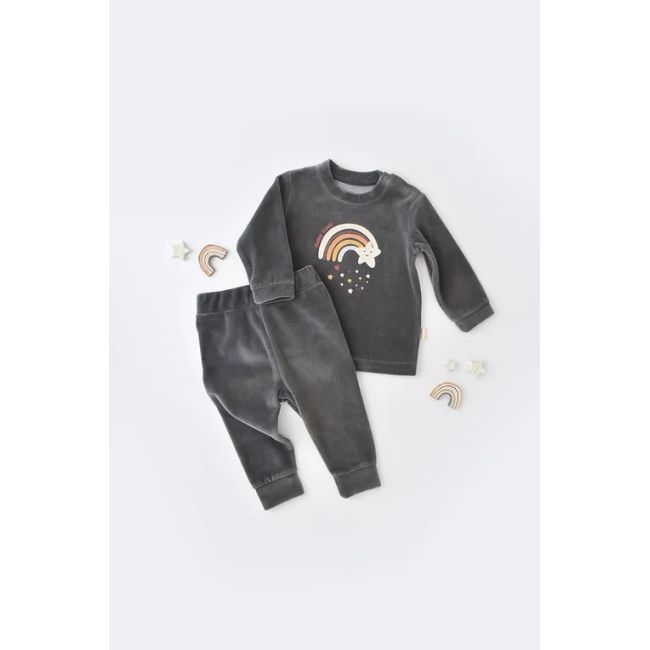 Set Curcubeu cu bluzita cu maneca lunga si panataloni lungi din 80%bumbac organic si 20% poliester - Antracit, Baby Cosy (Marime: 6-9 luni) JEMBC-CSYK6007-6