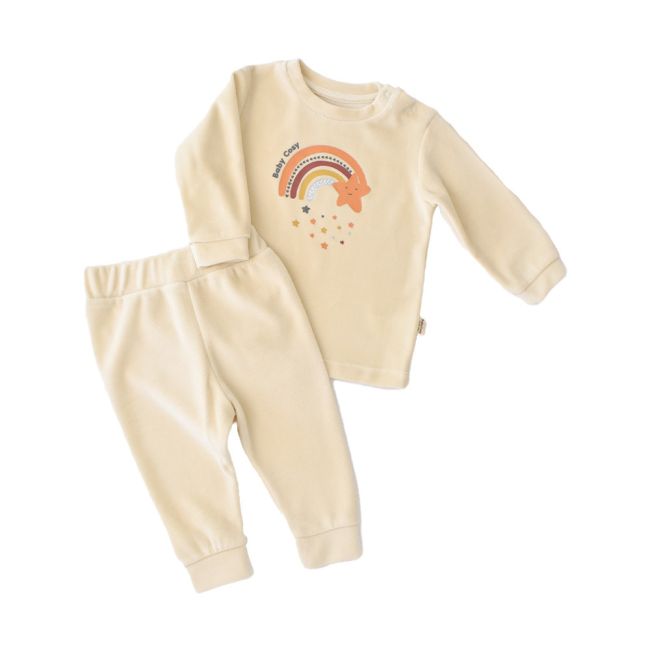 Set Curcubeu cu bluzita cu maneca lunga si panataloni lungi din 80%bumbac organic si 20% poliester - Crem, Baby Cosy (Marime: 12-18 Luni) JEMBC-CSYK6006-12