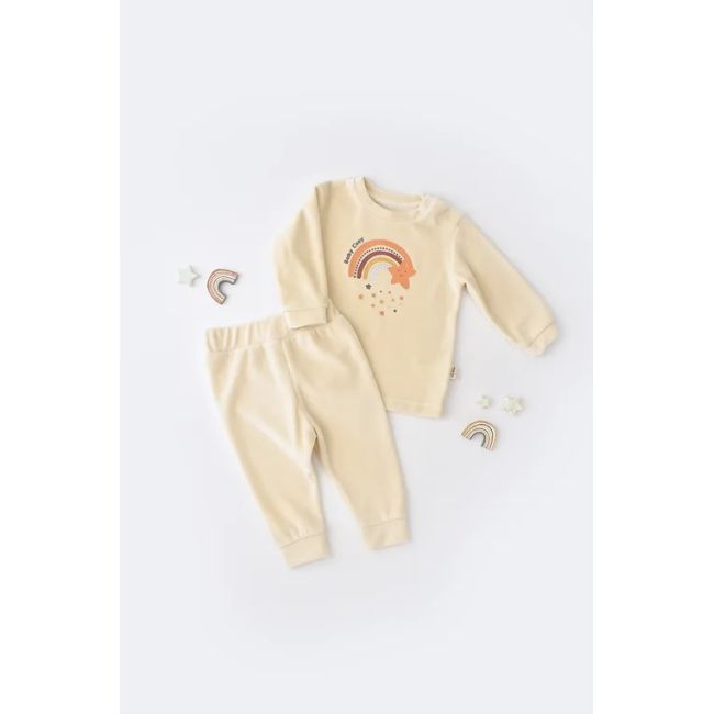 Set Curcubeu cu bluzita cu maneca lunga si panataloni lungi din 80%bumbac organic si 20% poliester - Crem, Baby Cosy (Marime: 3-6 Luni) JEMBC-CSYK6006-3