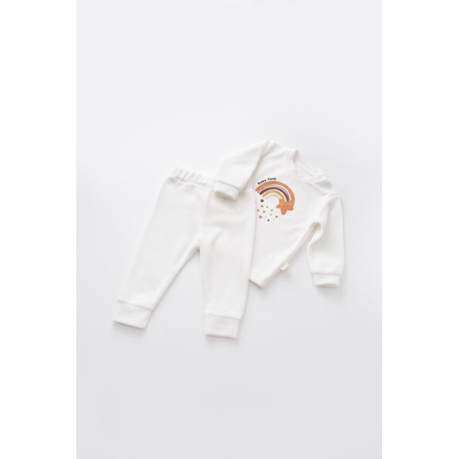 Set Curcubeu cu bluzita cu maneca lunga si panataloni lungi din 80%bumbac organic si 20% poliester - Ecru, Baby Cosy (Marime: 6-9 luni) JEMBC-CSYK6005-6