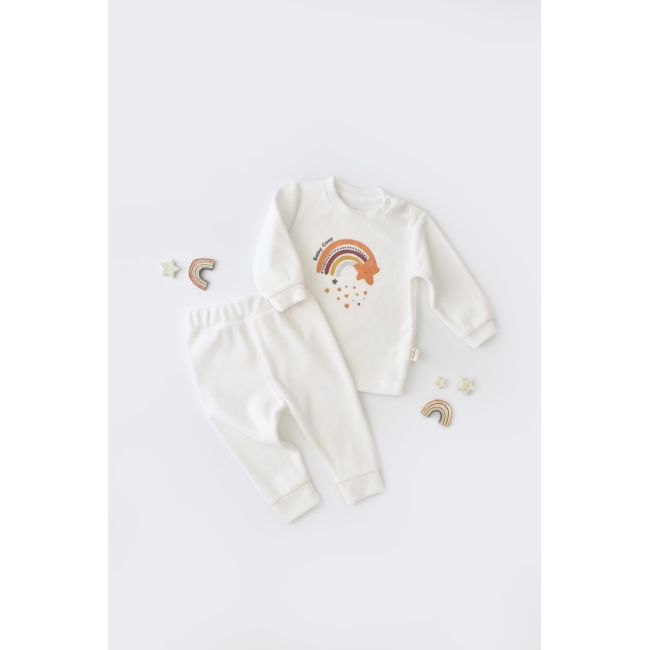 Set Curcubeu cu bluzita cu maneca lunga si panataloni lungi din 80%bumbac organic si 20% poliester - Ecru, Baby Cosy (Marime: 9-12 luni) JEMBC-CSYK6005-9
