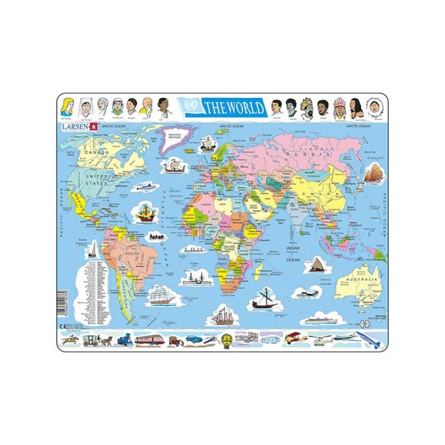 Puzzle maxi Harta politica a lumii, orientare tip vedere,  107 piese, Larsen KDGLS-K1-GB