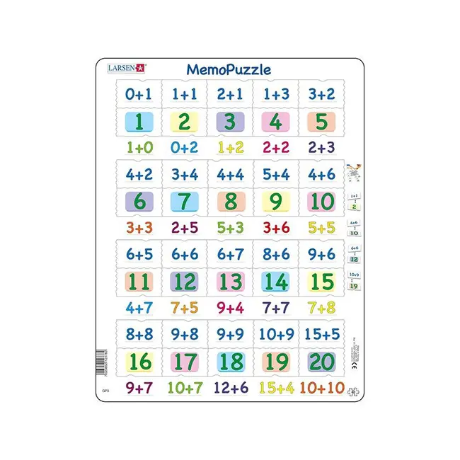 Puzzle maxi Memo cu adunari cu numere intre 0 si 20, orientare tip portret,  40 de piese, Larsen KDGLS-GP3