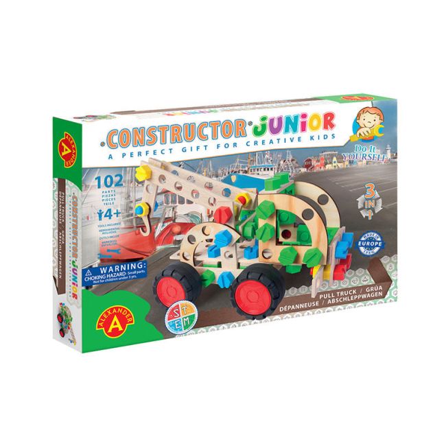 Set constructie 102 piese din lemn Masina de tractat 3 in 1, +4 ani, Alexander Contructor Junior KDGAXCONS-2157