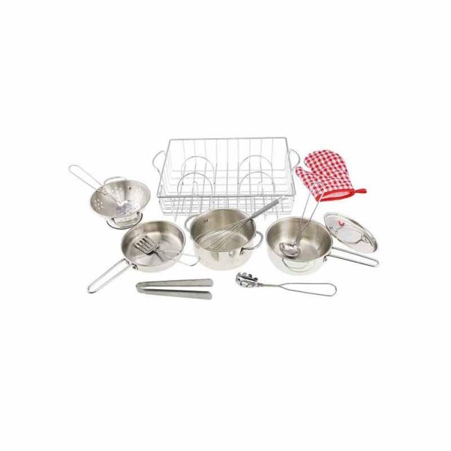 Set ustensile de bucatarie si vase de jucarie, din inox, +3 ani, Masterkidz KDGMK10179