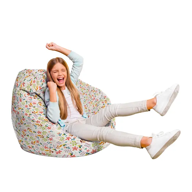 Fotoliu Units Puf Bean Bag tip para L, impermeabil, indoor/outdoor, sac interior, cu maner, 80 x 80 x 60 cm, alb cu flori multicolore BEANUNB-PR-L-EXT-006
