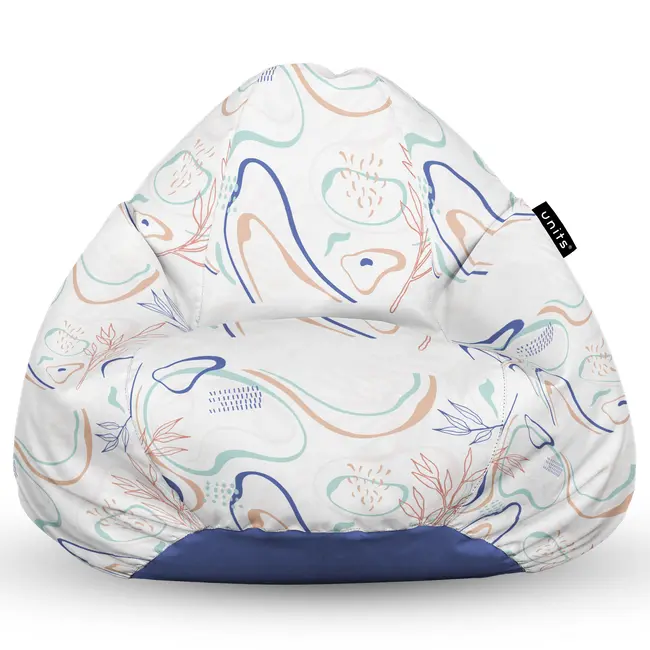 Fotoliu Units Puf Bean Bag tip para L, impermeabil, indoor/outdoor, sac interior, cu maner, 80 x 80 x 60 cm, alb cu linii albastre si crem BEANUNB-PR-L-EXT-026