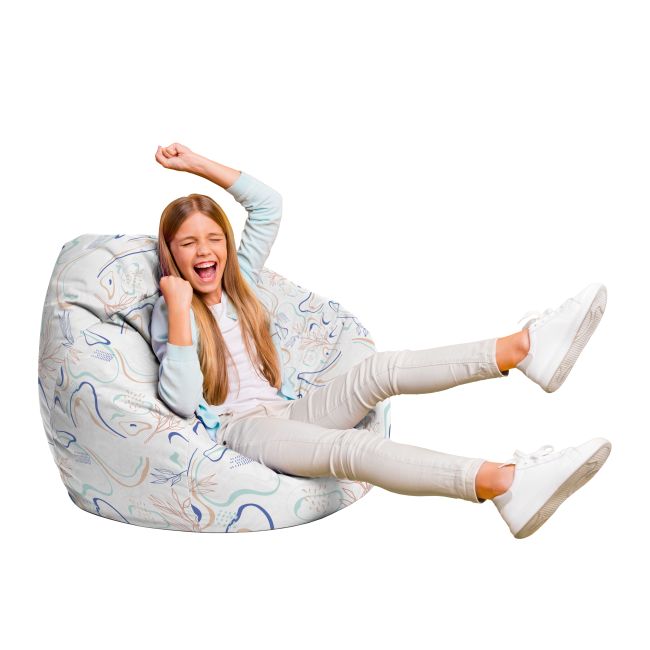 Fotoliu Units Puf Bean Bag tip para L, impermeabil, indoor/outdoor, sac interior, cu maner, 80 x 80 x 60 cm, alb cu linii albastre si crem BEANUNB-PR-L-EXT-026