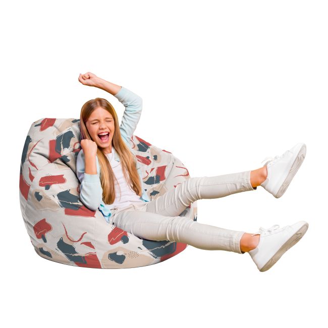 Fotoliu Units Puf Bean Bag tip para L, impermeabil, indoor/outdoor, sac interior, cu maner, 80 x 80 x 60 cm, bej cu model rosu si gri BEANUNB-PR-L-EXT-023
