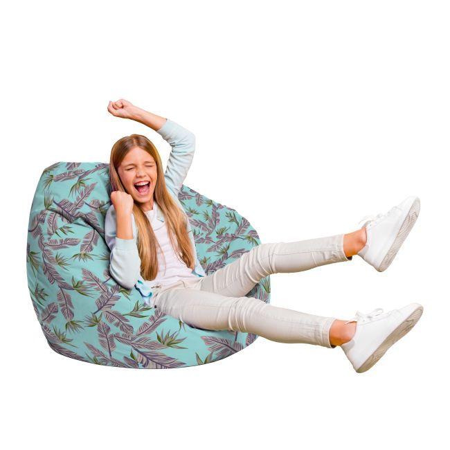 Fotoliu Units Puf Bean Bag tip para L, impermeabil, indoor/outdoor, sac interior, cu maner, 80 x 80 x 60 cm, cian cu frunze gri BEANUNB-PR-L-EXT-010