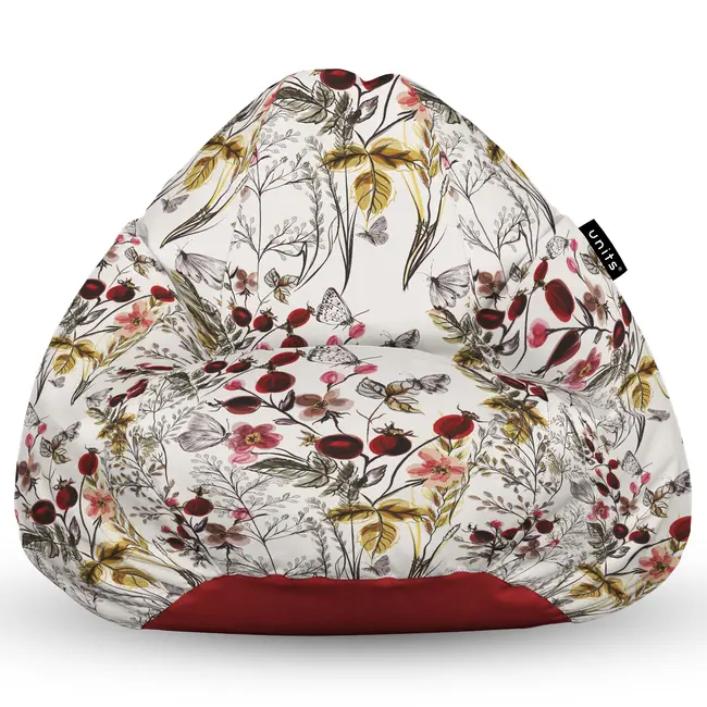 Fotoliu Units Puf Bean Bag tip para L, impermeabil, indoor/outdoor, sac interior, cu maner, 80 x 80 x 60 cm, flori si fluturi BEANUNB-PR-L-EXT-049