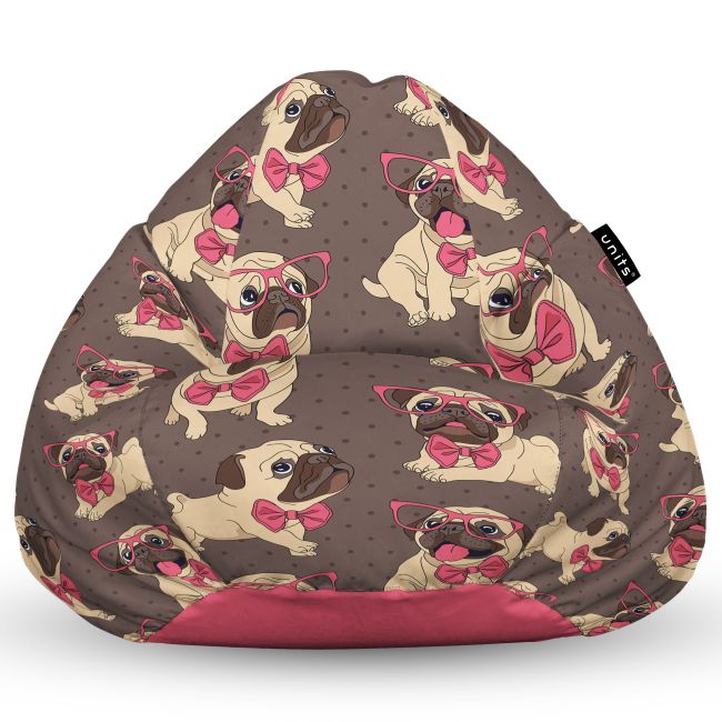 Fotoliu Units Puf Bean Bag tip para L, impermeabil, indoor/outdoor, sac interior, cu maner, 80 x 80 x 60 cm, pugs cu ochelari BEANUNB-PR-L-EXT-151