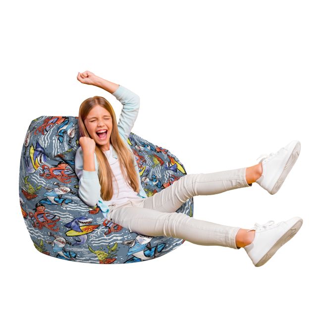 Fotoliu Units Puf Bean Bag tip para L, impermeabil, indoor/outdoor, sac interior, cu maner, 80 x 80 x 60 cm, surfing sharks BEANUNB-PR-L-EXT-118