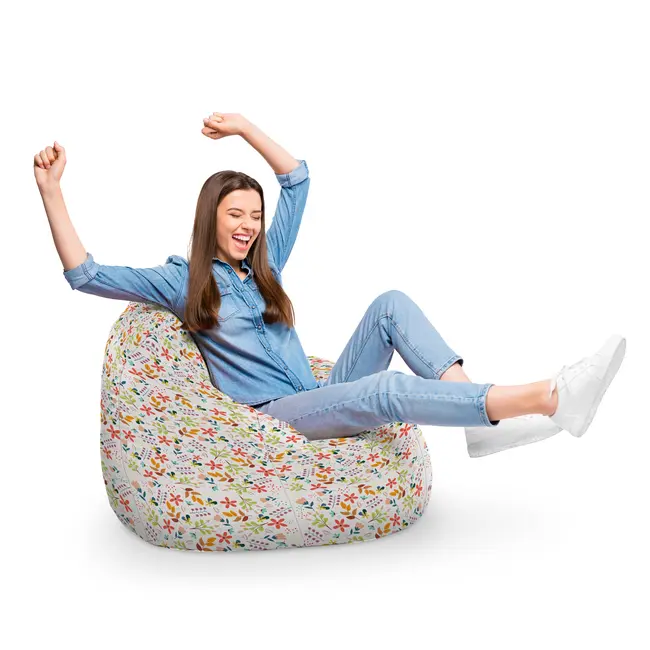Fotoliu Units Puf Bean Bag tip para XL, impermeabil, indoor/outdoor, sac interior, cu maner, 90 x 85 x 65 cm, alb cu flori multicolore BEANUNB-PR-XL-EXT-006