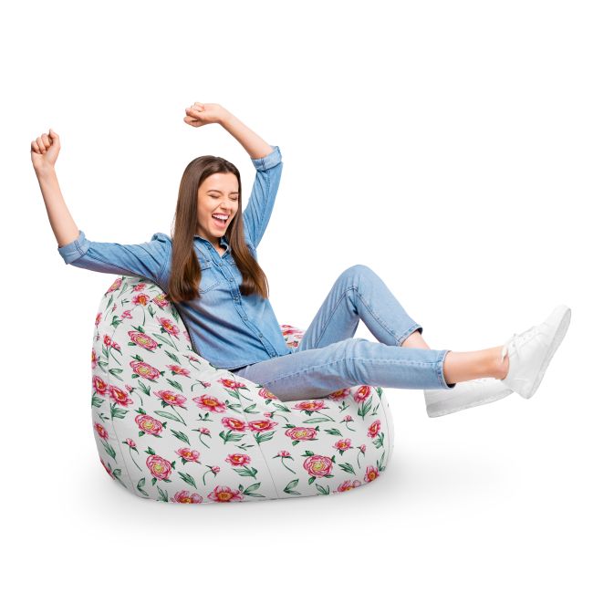 Fotoliu Units Puf Bean Bag tip para XL, impermeabil, indoor/outdoor, sac interior, cu maner, 90 x 85 x 65 cm, alb cu flori rosii BEANUNB-PR-XL-EXT-008